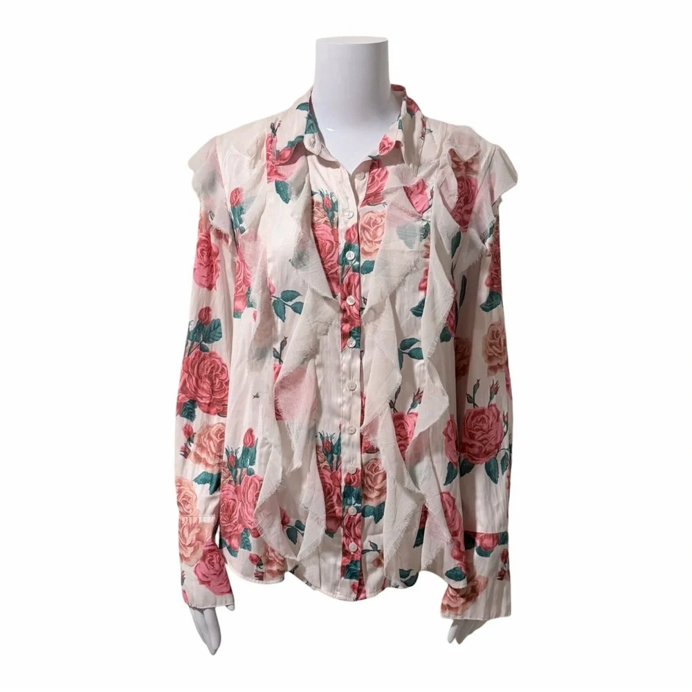 Free People Charlotte Ruffle Button Down Top Size XS Floral Oversized Boho Chic - Picture 2 of 10